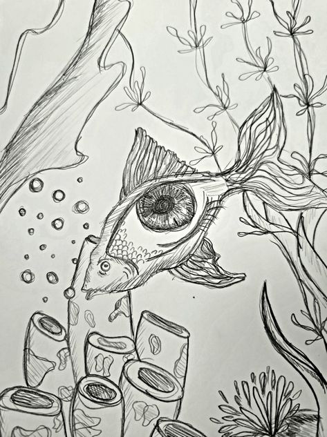 Abstract Fish Drawing, Eye Fish Drawing, Fish Eye Sketch, Fisheye Sketch, Drawing Ideas Fish, Fisheye Drawing, Fisheye Art, Pen Drawings, Scary Fish Drawing