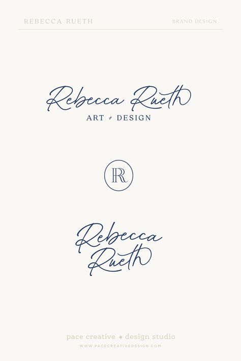 A stunning custom brand design project for surface designer and artist Rebecca Rueth. The branding combines an elegant script font and a unique intertwined R mark to create a clean, modern, and timeless visual identity that captures the essence of her artistry and coaching expertise. Designed by Pace Creative Design Studio | logo design, brand identity design, artist brand, creative branding, creative entrepreneur, signature logo, artist logo, graphic design, logo inspo, design inspiration Artist Logo Ideas Brand Identity, Signature Logo Design Branding, Hand Written Logo Design, Award Branding, Long Name Branding, Design Studio Logo Identity Branding, Classy Logo Ideas, Script Branding, Art Branding Design