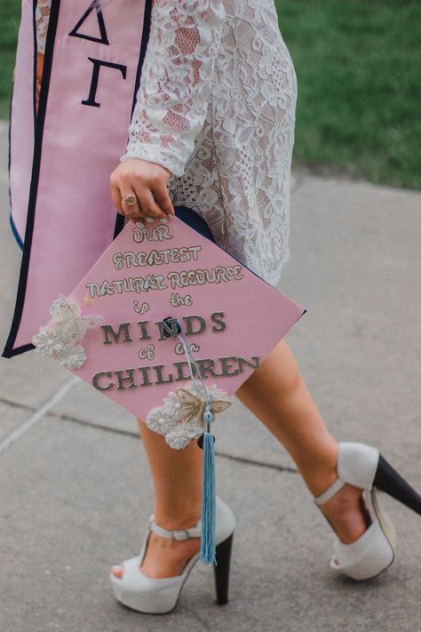 Graduation cap quote teacher education our greatest natural resource is the minds of our children Walt Disney Child Development Graduation Cap, Quotes For Graduation Caps, Education Graduation Cap, Disney Graduation Cap, Disney Graduation, Pink Academia, Daycare Teacher, Child Psychology, Teacher Education