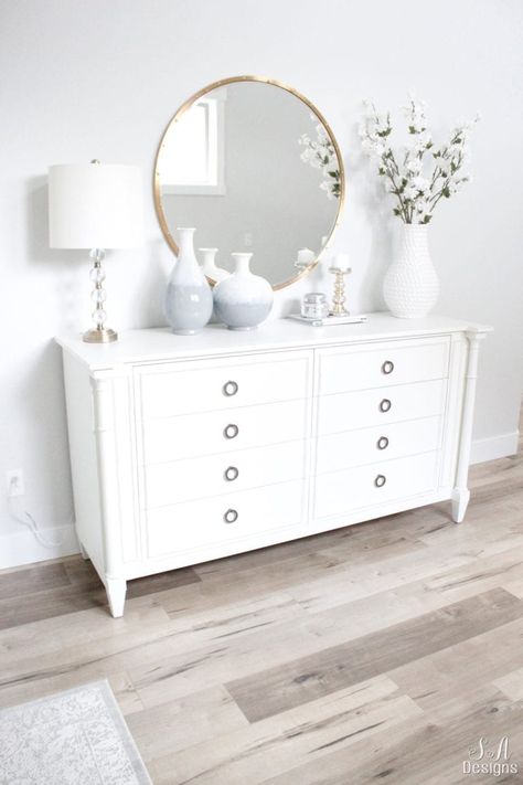 Bright White Entry - Coastal Glam Style - Summer Adams White Dresser Decor, Dresser Decor Bedroom, Coastal Glam, White Dresser, Glam Style, Dresser Decor, Master Bedrooms Decor, White Bedroom, White Decor