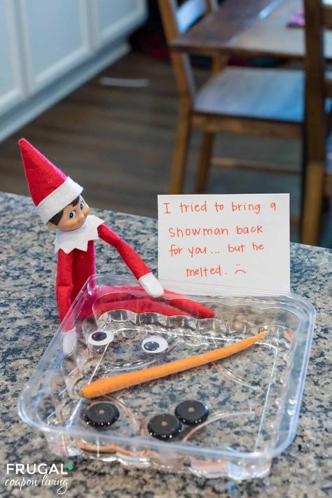 Recreate this funny Elf on the Shelf melted snowman idea using googly eyes, buttons, and a carrot nose. Super simple and adorably cute. New Elf on the Shelf ideas daily plus free Elf on the Shelf printables. #FrugalCouponLiving #ElfontheShelf Googly Eye Elf On The Shelf, Elf Melted Snowman, Elf On The Shelf Melted Snowman, Melted Snowman Elf On The Shelf, Snowman Elf On The Shelf, Elf Printables Free, Elf On The Shelf Costume, Elf On The Shelf Funny, Elf On The Shelf Printables