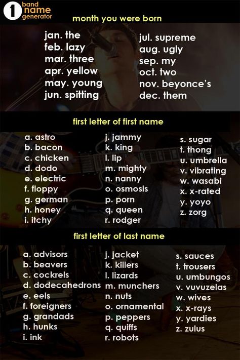 band name generator My bands name would be yellow mighty eels... ~Madeline~ Boy Group Name Ideas, Ugly Chicken, Band Name Generator, Chicken Sauces, Funny Name Generator, What Is My Name, Birthday Scenario Game, Names Generator, Name Maker