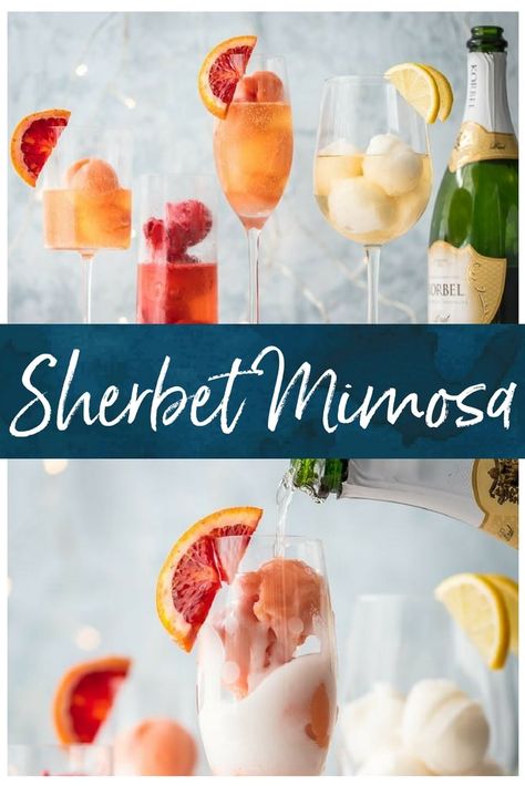 Sherbet Mimosas, Mimosas Recipe, Non Alcoholic Mimosa, Best Mimosa Recipe, Fruity Cocktail Recipes, Brunch Mimosa, Homemade Sorbet, Champagne Christmas, Fruity Cocktail