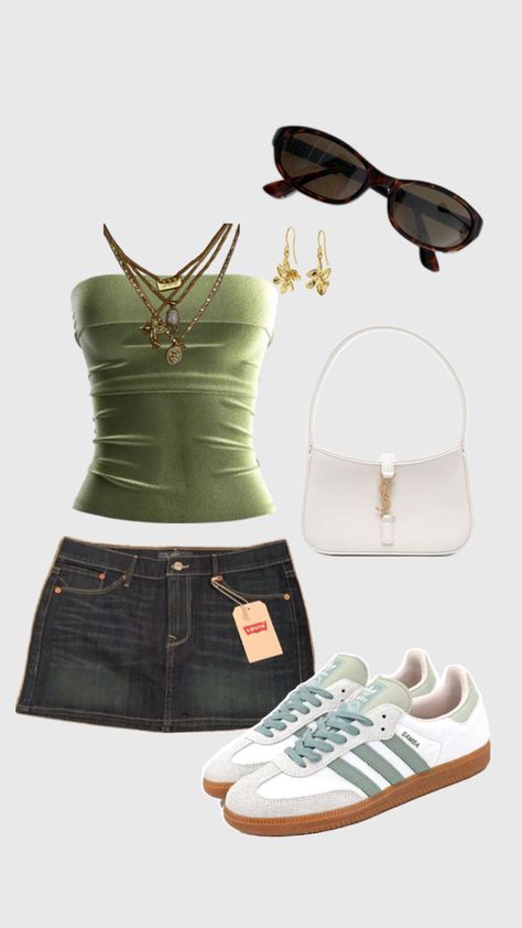 outfit inspiration with denim skirt, tube top , adidas sambas, gold jewellery and sunglasses Denim Skirt Outfit, Street Style Outfits Casual, Tube Top Outfits, Adidas Sambas, Denim Skirt Outfits, Cute Couple Outfits, Outfit Inspo Summer, Outfit Inspo Casual, Trendy Outfits For Teens