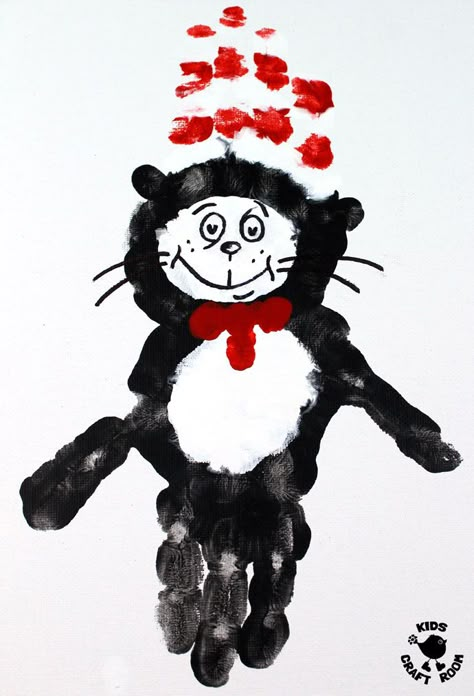 CAT IN THE HAT HANDPRINT CRAFTS - Are you a Cat In The Hat fan? These Dr Seuss handprint crafts are super fun! Print them on a canvas for the wall or add a popsicle stick to turn them into puppets! Great for World Book Day and Dr Seuss' birthday celebrations. #WorldBookDay #DrSeuss #CatInTheHat #KidsCrafts #handprintcrafts #handprintart #bookcrafts #kidsliterature #KidsArt #craftsforkids #thecatinthehat #kidsbooks #bookart #bookcrafts #kidscraftroom #handprint #painting Dr Seuss Classroom Door, Dr Seuss Preschool Activities, Handprint Painting, Dr Seuss Art, Dr Seuss Preschool, Dr Seuss Classroom, Dr Seuss Activities, Dr Seuss Crafts, Seuss Crafts