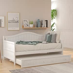 GINGVAT Twin Wooden Bed with Trundle, Solid Wood Daybed, Bedroom Furniture, White Wooden Daybed With Trundle, Trundle Bed Frame, Wooden Daybed, Twin Daybed With Trundle, Velvet Sofa Bed, Modern Daybed, Twin Daybed, Twin Trundle, Under Bed Drawers