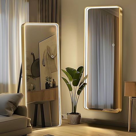 Amazon.com: SDHYL Full Length Mirror with Lights, 64"x20" LED Mirror Full Length with Stand, Wall Mounted Full Body Mirror, Dimmable 3 Lighting and Stepless Dimming for Bedroom Living Room, Round Coner, Gold : Home & Kitchen Bedroom Long Mirror Ideas, Standing Mirror With Lights, Long Mirror For Bedroom, Standing Mirror In Bedroom, Long Mirror Decorating Ideas, Mirrors In Bedroom, Long Mirror In Bedroom, Full Body Mirror With Lights, End Of Hallway