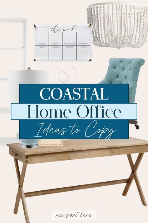 Transform your office into a coastal haven with our chic Coastal Office Decor ideas. Learn how to style your Coastal Desk and integrate Coastal Interior features to achieve a sophisticated yet relaxed workspace. Discover ideas to infuse your office with beach-inspired charm. Modern Coastal Office, Coastal Office Decor, Coastal Desk, Coastal Modern Decor, Coastal Home Office, Coastal Color Scheme, Blue Home Offices, Modern Coastal Living Room, Coastal Office