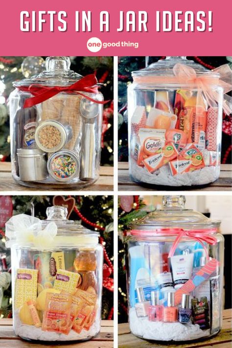 A "gift in a jar" makes the perfect Christmas gift, because it's inexpensive, easy to put together, and totally unique! Christmas Jar Gifts, Gift In A Jar, Gifts In A Jar, Homemade Gift Baskets, Christmas Gift Baskets Diy, Anniversaire Diy, Raffle Baskets, Themed Gift Baskets, Gift For Mom Christmas