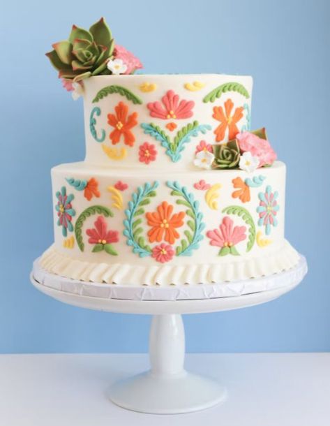 Cielito Lindo Cake Ideas, Cielito Lindo Cake, Cantarito Cake, Mexican Cake Decoration, Simple Mexican Theme Cake, Talavera Cake, Mariachi Birthday, Fiesta Wedding Cake, Fiesta Theme Cake