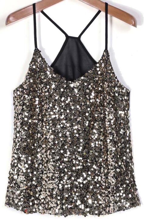 Black Spaghetti Strap Gold Sequined Cami Top -SheIn(Sheinside) Sequin Cami Top, Sparkly Outfits, Fiesta Outfit, Sequined Top, Black Spaghetti, Black Spaghetti Strap, Sequin Outfit, Top Shein, Sequin Tank Tops