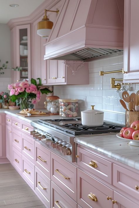 Pink House Interior, Pink Kitchen Ideas, Pink Kitchen Designs, Glamorous Kitchen, Pink Cabinets, Girly Apartment Decor, Dream Kitchens Design, Pink Home Decor, Elegant Kitchens