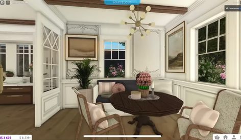 Bloxburg Traditional House Interior, Cottage Bloxburg Interior, Bloxburg Spring House Interior, Aesthetic Dining Room Bloxburg, Bloxburg Dining Room, Bloc Burg Dining Room, Paris Living Rooms, Bloxburg Inspiration, Bloxburg Interior