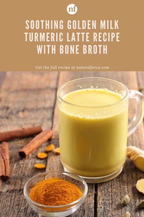 Enjoy a relaxing moment to yourself with this soothing Golden Milk Turmeric Latte recipe. Featuring two powerful anti-inflammatory ingredients, organic bone broth, and turmeric, this unique take on a traditional ayurvedic elixir will boost your health by strengthening your gut and supporting your immune system. Turmeric Cinnamon Ginger Coffee, Cinnamon Turmeric Ginger Coffee, Ginger Turmeric Cinnamon Tea, Turmeric Coffee, Turmeric Milk Recipe, Turmeric Latte Recipe, Turmeric Golden Milk, Ginger Coffee, Golden Milk Recipe