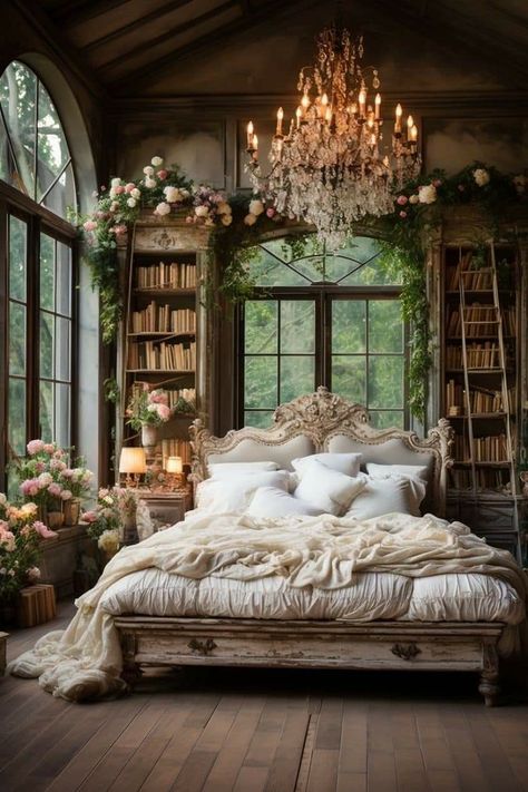 Romantic Interior Design Cozy Living, Bedroom Ideas Large Master, Bedroom Shabby Chic Modern, Shabby Chic Library Room, Antique Romantic Bedroom, Romantic Whimsical Bedroom, French Style Bedroom Vintage Shabby Chic, Dreamy Vintage Bedroom, Dark Cottagecore House Bedroom