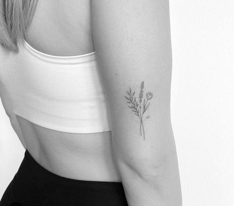 Moments Tattoo, Dainty Flower Tattoos, Dark Moments, Small Girly Tattoos, Lavender Tattoo, Flower Tattoo Back, Bouquet Tattoo, Small Flower Tattoos, Elbow Tattoos