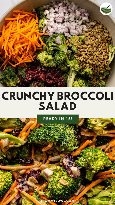 This Vegan Broccoli Salad tosses crunchy veggies, sunflower seeds, and chewy dried fruit in a creamy and tangy dressing to give you the best side dish for picnics, potlucks, and warm weather meals! Vegan, Gluten-Free, & Oil-Free. Broccoli Power Salad, Tangy Broccoli Salad, Raw Broccoli Salad Recipes, Broccoli Peanut Salad, Vegan Broccoli Salad Recipe, Vegan Thanksgiving Salad, Seed Oil Free Diet, Salad Recipes Broccoli, Broccoli Cashew Salad