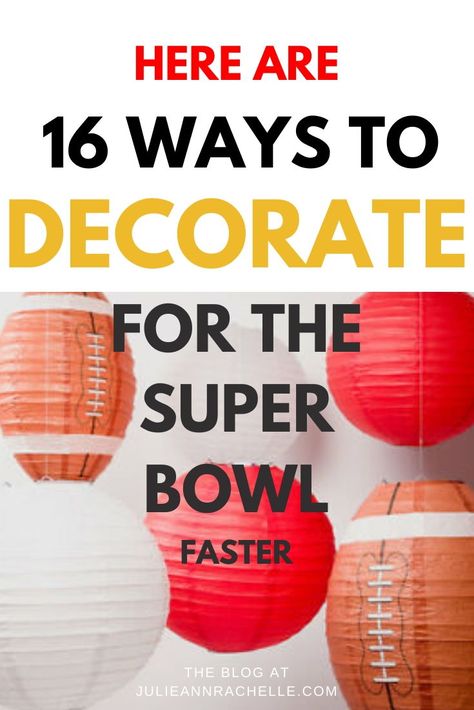 Learn how to decorate faster for your Super Bowl party by using these 16 ideas for decorations, food storage, and seating. Click here to read #affiliatelink #afflink #superbowl #decorating Small Superbowl Party, Super Bowl Decorations Ideas, Super Bowl Table Decorations, Diy Super Bowl Decorations, Super Bowl Party Decor, Super Bowl Party Decorations Diy, Super Bowl Party Ideas Decorations, Superbowl Party Decorations Diy, Superbowl Decorations