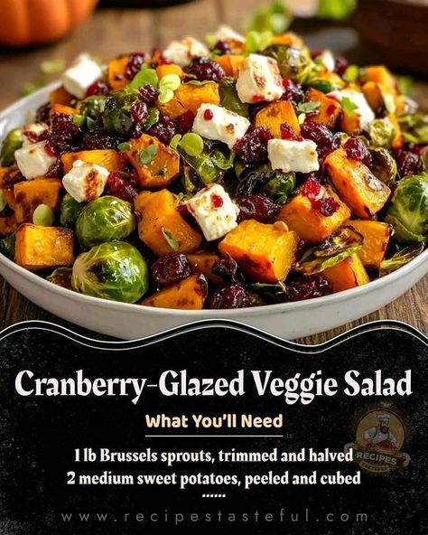 Anna Olson-Lovers🍰👩🏻‍🍳🍫 | Cranberry-Glazed Roasted Butternut Squash, Brussels Sprouts, and Sweet Potato Salad with Cranberries and Goat Cheese | Facebook Brussel Sprout Salad Recipes, Sprouting Sweet Potatoes, Salad With Cranberries, Sweet Potato Salad, Goat Cheese Recipes, Brussel Sprout Salad, Salad With Sweet Potato, Goat Cheese Salad, Veggie Salad