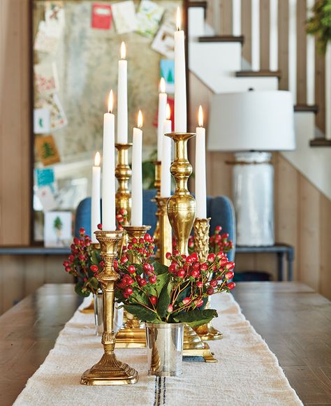 Get H&H Editors’ Best Winter Decorating Advice - House & Home Christmas Candle Stick Decor, Sarah Richardson Christmas, Brass Candlesticks Decor Christmas, Brass Candlesticks Christmas, Brass Candlesticks Decor, Candlestick Decor Ideas, Gold Candle Holder Christmas, Lake In Canada, Candle Stick Centerpiece Brass