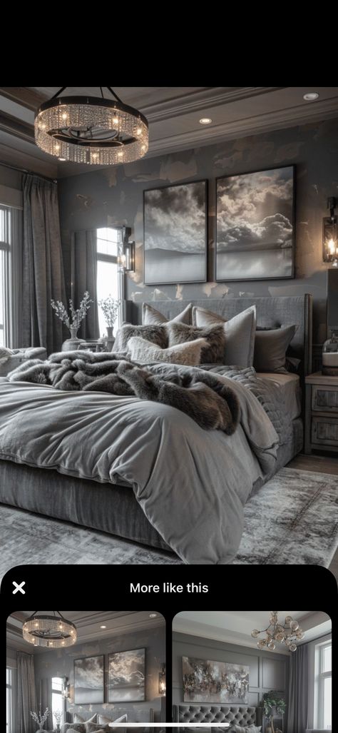 Classy Grey Bedroom, Grey Quilt Bedding Ideas, Gray Comforter Bedroom Ideas, Warm Grey Bedroom, Grey Comforter Bedroom, Grey Bed Frame Bedroom Ideas, Soft Grey Bedroom, Grey And Silver Bedroom Ideas, Bedrooms Ideas For Couples