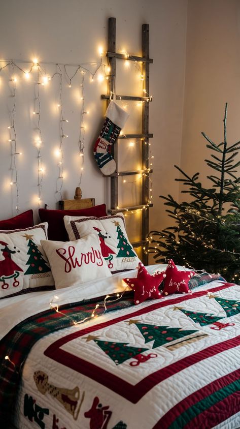 Looking for easy ways to decorate your bedroom for Christmas? Check out these simple and stylish ideas, from holiday bedding to festive accents, for a cozy makeover. Christmas Room Inspiration, Ways To Decorate Your Bedroom, Bedroom For Christmas, Holiday Bedding, Holiday Bed, Warm Lighting, Christmas Interiors, Christmas Room, Winter Aesthetic