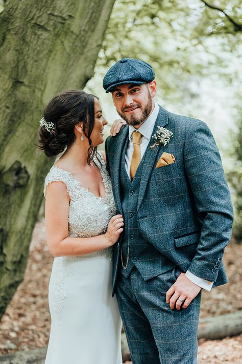 Groom Groomsmen Blue Suits Waistcoats Hat Flat Cap Hazlewood Castle Woodland Wedding Nicola Mackrill Photography #Groom #Groomsmen #BlueSuits #Waistcoats #Wedding #FlatCap Groom Ball Cap Wedding, Groom In Hat, Vintage Wedding Groom Attire, Groom Hat Wedding, Groom With Hat, Creative Suits, Groom Suspenders, Wishing Wells, Suits Groom