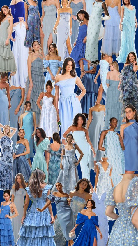 Blue Bridesmaid Wedding Cocktail Special Party Dress Garden Occasion Blue Shades Bridesmaids, Blue Toile Bridesmaid Dresses, Garden Party Wedding Blue, Blue Bridesmaid Dresses Aesthetic, Mixed Blue Bridesmaid Dresses, Blue Wedding Guest Dresses, Dress Garden, Navy Bridesmaids, Dresses Aesthetic