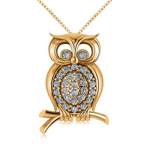 Diamond Accented Owl Pendant Necklace 14k Yellow Gold (0.34ct) Beautiful Diamond Necklace, Jewellery Board, Owl Pendant Necklace, Jewellery Sketches, Solitaire Pendant Necklace, Round Pendant Necklace, Owl Necklace, Owl Jewelry, Diamond Jewelry Designs