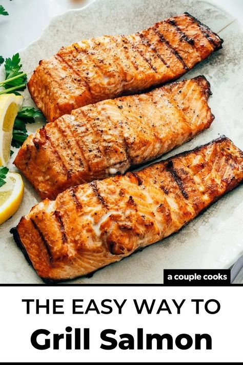 Here's how to make the absolute best grilled salmon! It's perfectly tender and flavored with a magic seasoning blend that takes it to new heights. #howtogrillsalmon #grilledsalmon #seasoningforsalmon #salmonseasoning #bestgrilledsalmon #grill #grilled Healthy Dinner Recipes Salmon, Dinner Recipes Salmon, Best Grilled Salmon, Grilled Potato Wedges, Grilled Salmon Recipe, Grilled Broccoli, A Couple Cooks, Marinated Salmon, Grilled Peppers