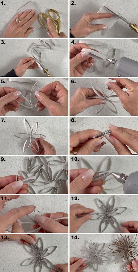 Save your toilet paper rolls and turn them into free Christmas ornaments by making super easy toilet paper roll snowflakes. #christmasornaments #DIYchristmasornaments #christmasdecor #Christmascrafts Paper Towel Roll Ornaments, Toilet Roll Snowflake, Toilet Paper Roll Snowflakes Diy, Toilet Roll Stars, Toilet Paper Christmas Ornaments, Toilet Paper Ornaments, Paper Towel Roll Snowflake, Toilet Paper Roll Star Ornament, Paper Toilet Roll Crafts