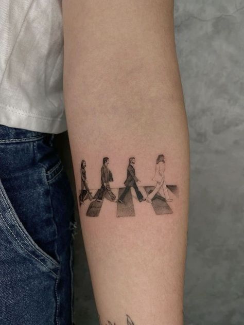 The Beatles Abbey Road Tattoo, The Kooks Tattoo, Abbey Road Tattoo, The Beatles Tattoo Ideas, Classic Rock Tattoos, Rock Band Tattoos, Beatles Inspired Tattoos, Oasis Tattoo, Left Hand Tattoo