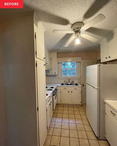 Before & After: $1400 Galley Kitchen Redo with Green Paint | Apartment Therapy Green Cabinet Paint, Galley Kitchen Before And After, Install Butcher Block Countertops, Galley Kitchen Redo, Green Cabinet, Dark Green Kitchen, Apartment Painting, Diy Mural, Rental Kitchen