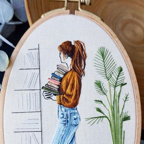 Sila Gur on Instagram: "Once upon a time there was a girl who loved books, and plants, and cats, and..... ✨ “Girl with Books” •••SOLD•••  ✨ . . . #embroidery #embroideryart #handmade #handembroidery #fiberart #embroidered #hoopart #needlework #contemporary #art #texture #homedecor #modern #wallart #makersgonnamake #style #blogger #girl #fashion #ootd #threadpainting #book #booklover #bookworm #library #plantlady" Plants And Cats, Books And Plants, Embroidery Hoop Decor, Mermaid Embroidery, Embroidery Hoop Art Diy, Portrait Embroidery, Advanced Embroidery, Embroidery Lessons, Hand Beaded Embroidery