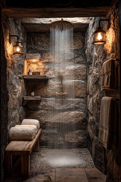 29 Little Cabin Bathroom Ideas That Make Small Spaces Shine 3 Stone Cottage Bathroom, Rustic Master Bath Shower Ideas, Bathrooms With Stone Walls, Cave Shower Ideas, Stone Wall Bathroom Ideas, Stone Floor Shower Ideas, Stone Showers Walk In, River Rock Shower Ideas, Cave Shower Walk In