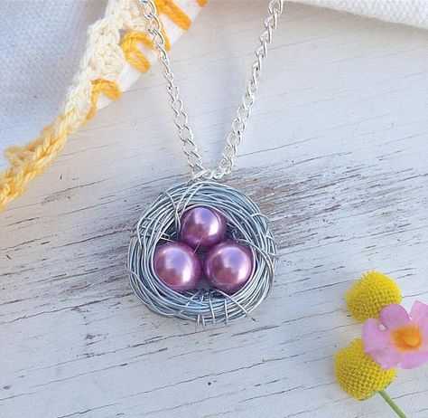 Silver wire wrapped nest necklace with pretty purple beads. Beach Charm Necklace, Bird Nest Necklace, Birds Nest Necklace, Gifts Grandma, Crystal Ball Necklace, Glitter Necklace, Beaded Boho Necklace, Work Necklaces, Purple Beads