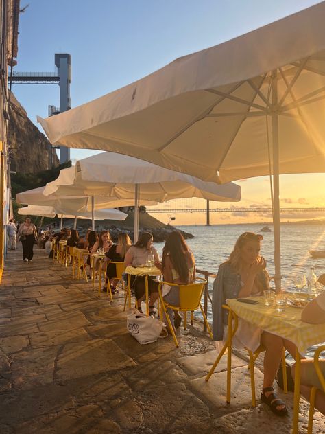 #lisbon #pontofinal #lisbondinner #eurotrip #europe #europetraveltips Lisbon Beach Aesthetic, Lisbon Summer, Lisbon Aesthetic, Lisbon Beaches, Europe Vibes, Decoration Studio, Lisbon City, Portugal Beach, Portugal Travel