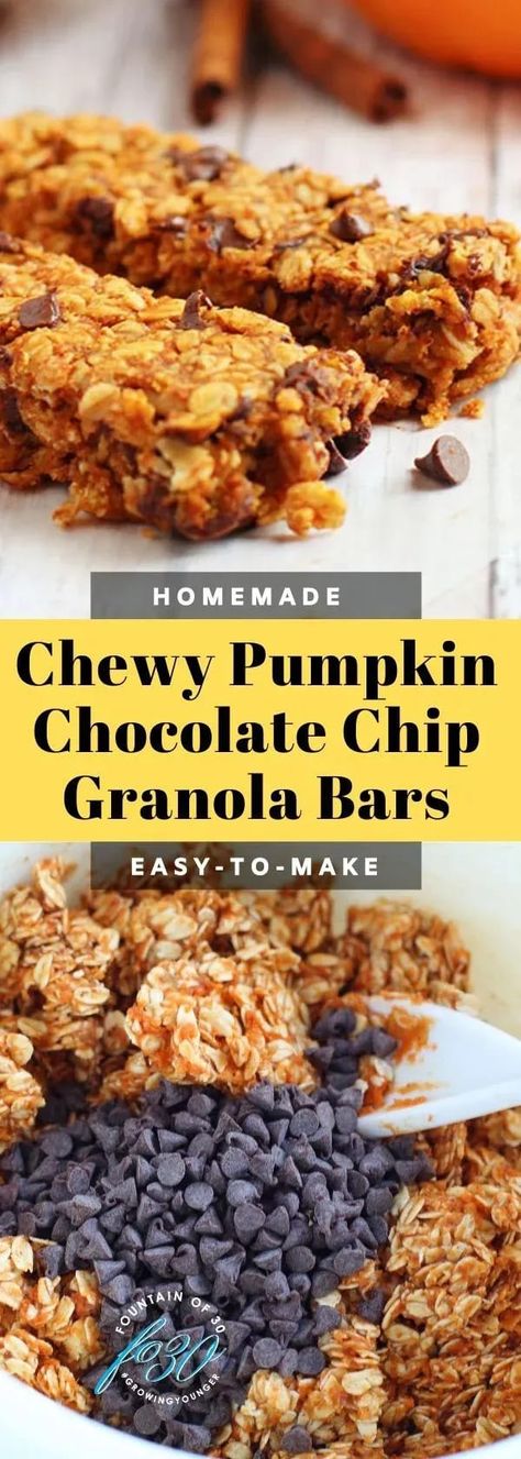 Yummy and chewy pumpkin chocolate chip granola bars your family will love. They are only 146 calories, 21 grams of fiber and 4 grams of protein per bar. #recipe #snacks #breakfast #pumpkin #dessert Pumpkin Chocolate Chip Granola Bars, Homemade Pumpkin Granola Bars, Granola Bars Pumpkin, Pumpkin Granola Bars, Chewy Granola Bars Homemade, Homemade Granola Bars Healthy, Easy Granola Bars, Chocolate Chip Granola Bars, Healthy Granola Bars