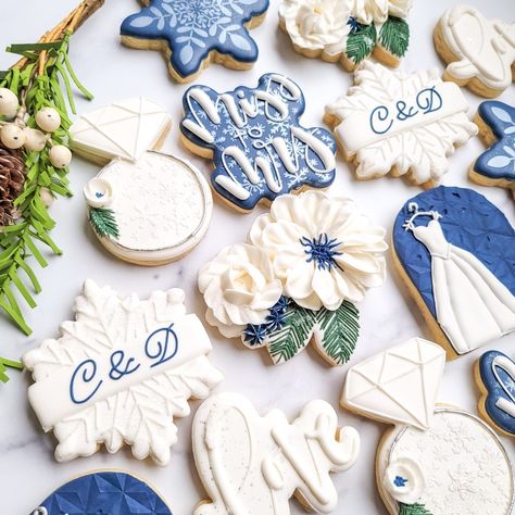 Blue and White Winter Engagement Snow Floral Royal Icing Cookies Snow In Love Bridal Shower Cookies, Snow In Love Cookies, Winter Bridal Shower Cookies, Winter Wedding Cookies Decorated, Winter Wedding Cookies, Snow In Love, Wedding Cookies Decorated, Bride Cookies, Engagement Cookies