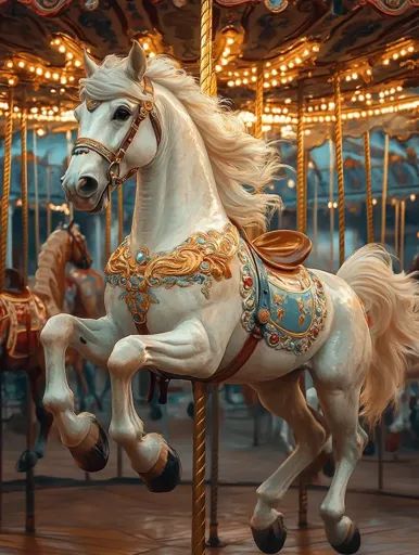 ↑↑↑ Larger size on website 🔸 A white carousel horse with a golden ornate saddle and bridle stands proudly in a carousel. It has a Carousel Photoshoot, White Carousel, Horse In Motion, Circus Horse, Merry Go Round Carousel, Horse Carousel, Carousel Animals, Vintage Carousel, Set Building