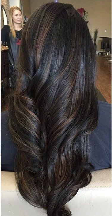 Dimensional Dark Brown Balayage, Soft Lights Hair, Brown On Top Black On Bottom Hair, Settle Balayage Brunettes, Black And Brown Hair Highlights, Hair Highlight Patterns, Dark Chocolate Brown Highlights On Black Hair, Dark Brown With Black Highlights, Black Hair Brunette Highlights