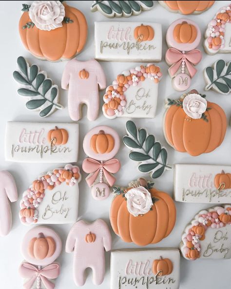 Pumpkin Pink Baby Shower, Pink Pumpkin Baby Shower Ideas Boho, Floral Pumpkin Cookies, Baby Shower Ideas For Girls Themes Fall, Gender Reveal Themes For November, Neutral Pumpkin Baby Shower Ideas, Fall Pink Baby Shower Ideas, Pumpkin Themed Baby Shower Ideas Food, Little Pumpkin On The Way Cookies