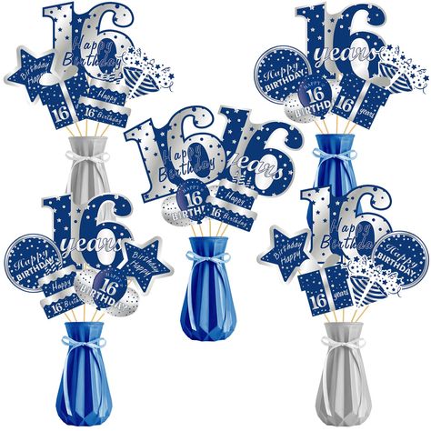 PRICES MAY VARY. [You will get] - 1 set of blue silver 16th birthday table topper decor, including 24 birthday pattern cardboards, 24 sticks and 30 adhesive points. [Note: This kit does not include a vase] [Unique Design] - Double-sided printing, unique blue and silver design, adding 16 year old birthday cakes, balloons, stars, gifts and other rich birthday party elements, to create an unforgettable birthday party for you, create a happy atmosphere, it is your birthday Nice decoration for a part Kids Party Centerpieces, Birthday Photo Backdrop, 80th Birthday Decorations, 60th Birthday Decorations, 16th Birthday Decorations, Happy 13th Birthday, 30th Birthday Decorations, Happy 80th Birthday, 50th Birthday Decorations