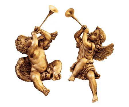 2-Piece Trumpeting Angels Statue Set in Faux Gold Stairs To Heaven Tattoo, Angels Statue, Trumpet Tattoo, St Peters Square, Borghese Gallery, Tattoo Perna, White Statue, Baby Statue, Holiday Angel