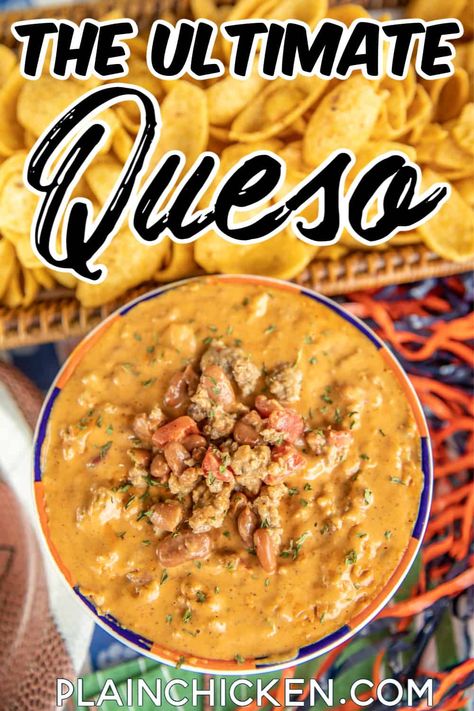 The ULTIMATE Queso - the BEST cheese dip EVER! Creamy Rotel Dip loaded with sausage and chili beans. Can make on the stovetop, microwave, or in the crockpot. Great for parties and game day! Velveeta, Rotel tomatoes, cream cheese, sausage, chili beans, chili powder, and cumin. Serve with Fritos and tortilla chips. I can make a meal out of this yummy cheese dip! #queso #cheesedip #mexican Best Cheese Dip, Pizza Cupcakes, Football Friday, Rotel Dip, Chili Cheese Dips, Crock Pot Dips, Queso Dip Recipes, Hot Sausage, Plain Chicken