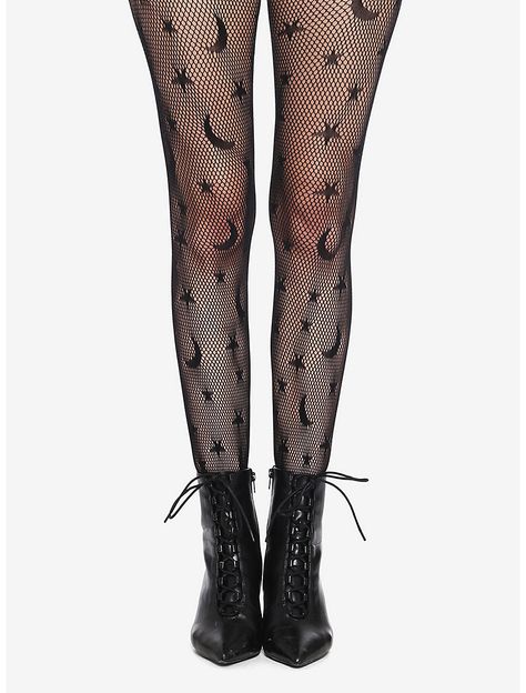 Celestial Black Fishnet Tights Goth Tights, Black Patterned Tights, Fish Net Tights, Drakengard 3, Black Fishnet Tights, Crescent Moon Design, Floral Tights, Fishnet Leggings, Cute Tights