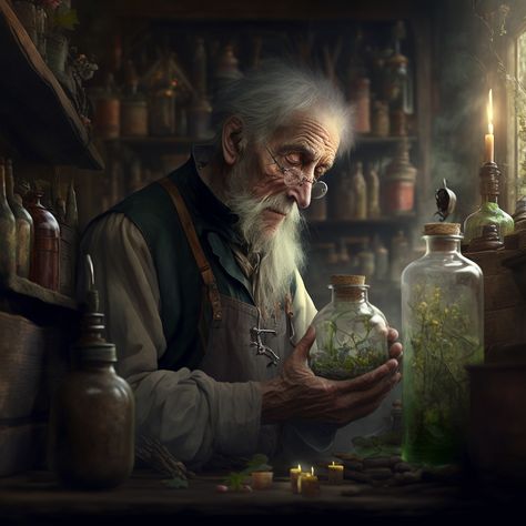 Herbalist Character Art, Dnd Herbalist, Fantasy Shopkeeper, Fantasy Herbalist, Old Wizard Character Design, Herbalist Character Design, Herbalist Character, Old Adventurer, Fantasy Jobs