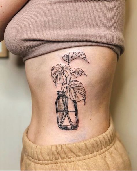 Monstera Tattoo. Aloe Vera Tattoo, Mason Jar Tattoo, Monstera Tattoo, Jar Tattoo, Botanical Tattoo Design, Deliciosa Plant, Cupid Tattoo, Basic Tattoos, Wrap Tattoo