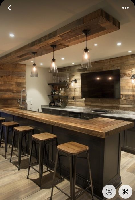 Industrial Basement Bar, Stylish Basement, Finished Basement Bars, Basement Bar Remodel, Diy Basement Bar, Bar Remodel, Zinc Countertops, Rustic Basement Bar, Home Bar Plans