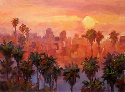 Los Angeles Palm Trees, Tom Brown, Palm Trees Painting, Tiki Art, Plein Air Landscape, Los Angeles Art, Large Oil Painting, City Painting, Art Calendar